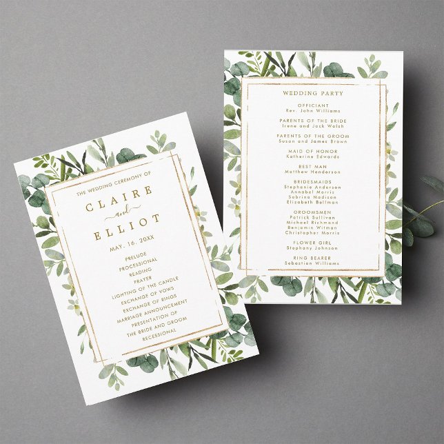 Botaniskt guldgrönt bröllopsceremoni-program program (Front & Back)