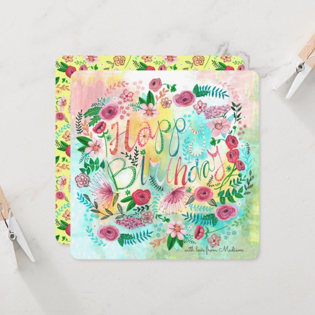 Botaniskt gult & rosa vårblommor kort (Fram/Back In Situ)