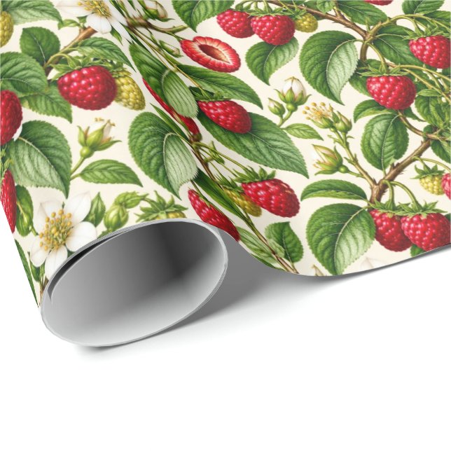 Botaniskt hallon- och blomstermönster presentpapper (Rullad Hörn)