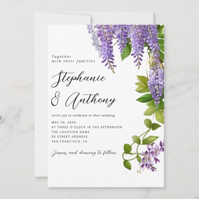 Botaniskt hängande Lila Wisteria Bröllop Inbjudningar (Framsida)