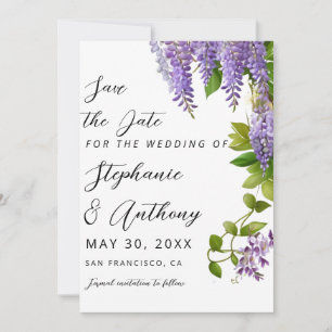Botaniskt hängande Lila Wisteria Bröllop Spara Datumet