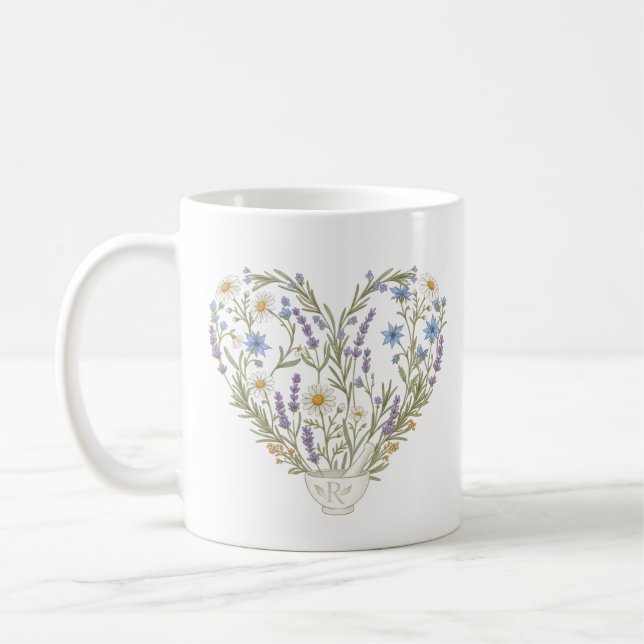 Botaniskt hjärta apoteksbutik örtblomma kaffemugg (Vänster)