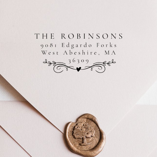 Botaniskt hjärta med enkel Elegant Namn & Adress Stämpel (Skapare uppladdad)