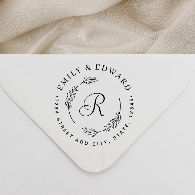 Botaniskt Initial Bröllop Rund Returadress Självfärgande Stämpel (Skapare uppladdad)