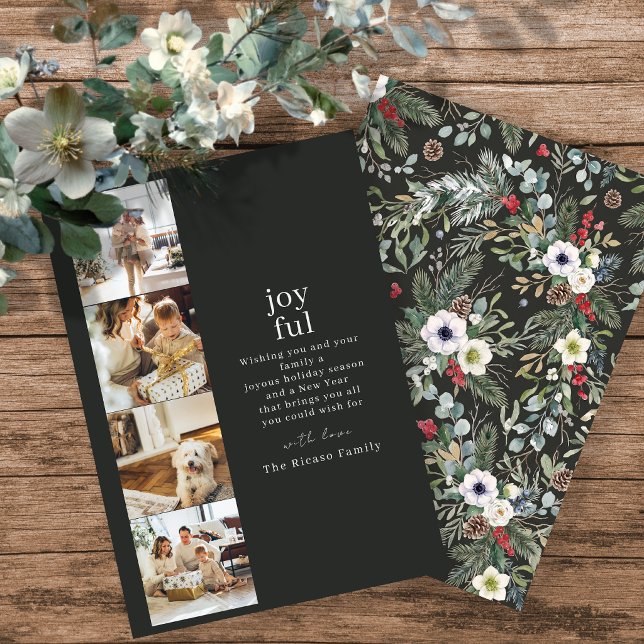 Botaniskt julpersonligt 4 Foto Collage Julkort (Botanical Christmas Personalized 4 Photo Collage Holiday Card by Ricaso. Add own photographs & text
)