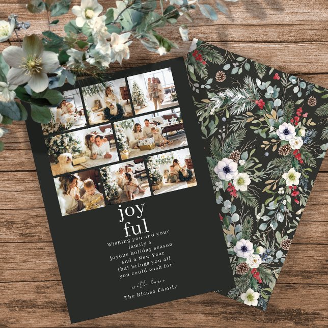 Botaniskt julpersonligt 8-foto collage julkort (Botanical Christmas Personalized 8 Photo Collage Holiday Card by Ricaso. Add own photographs & text)