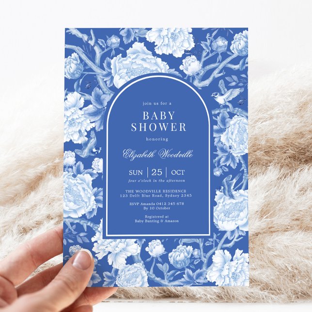 Botaniskt kinoiserie Delft Blue White Baby Shower Inbjudningar (Skapare uppladdad)