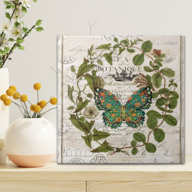 botaniskt konst fransk land-manusflyg löv kakelplatta (botanical art french country script leaf butterfly tile)
