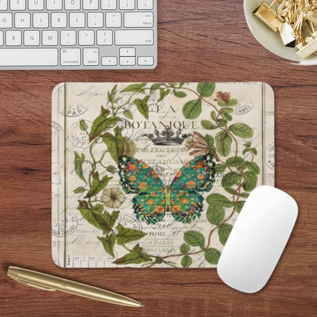botaniskt konst fransk land-manusflyg löv musmatta (botanical art french country script leaf butterfly mouse pad)