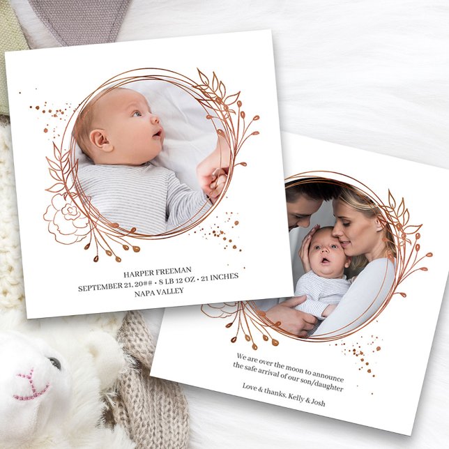 Botaniskt kopparfoto Ro Guld Ram Meddelande (2 Framed Photo Baby Birth Announcement. Buy printed or as a printable digital download)