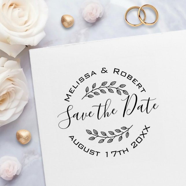 Botaniskt krans Modern Bröllop spara datum 2 Självfärgande Stämpel (Skapare uppladdad)