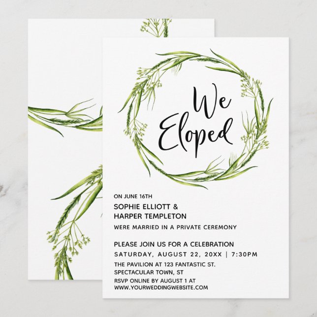 Botaniskt krans vi rymde typografi efterbröllop inbjudningar (Fram/baksida)