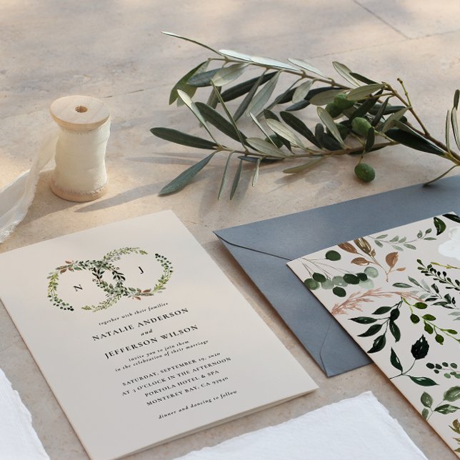 Botaniskt kransmonogram bröllopsinbjudan spara datumet (Skapare uppladdad)