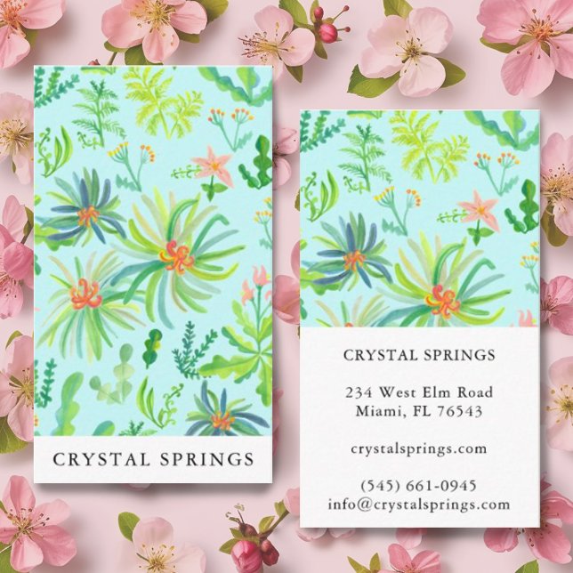 Botaniskt landskap  växter Modern Chic Visitkort (Beautiful watercolor botanical painting pattern on a light blue background. Customized business card)