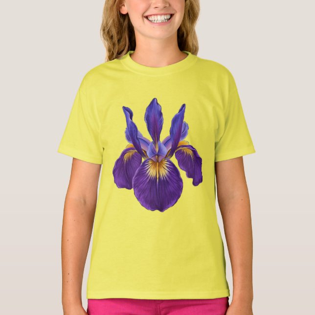 Botaniskt lila Iris tryckt t-shirt (Framsida)