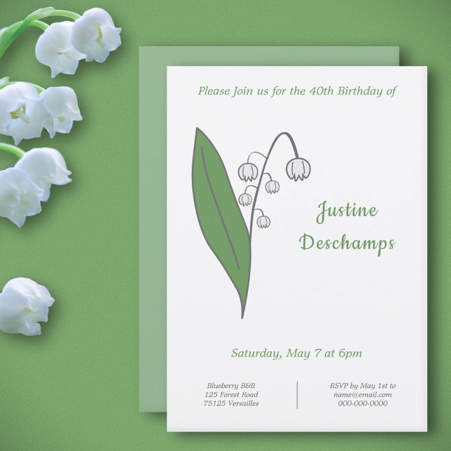 Botaniskt Lily från Dalen Birthday-inbjudan Inbjudningar (Botanical Lily of the Valley Birthday Invitation)