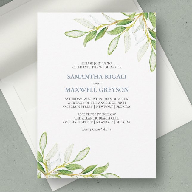 Botaniskt Löv Garden bröllopsinbjudan (wedding invitation sage green botanical watercolor greenery unique art by Victoria Grigaliunas )