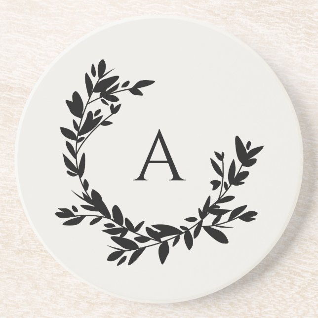 Botaniskt Löv Initial Monogram Ivory och Black Underlägg (Framsidan)