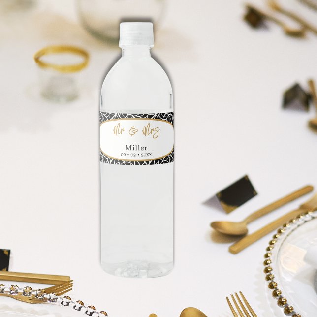 Botaniskt Löv Mönster Datum för ledamot & fru Namn Vattenflaska Etikett (Botanical Leaves Pattern Mr & Mrs Name Date Water Bottle Label)