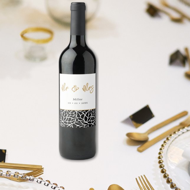 Botaniskt Löv Mönster Datum för ledamot & fru Namn Vinflaska Etikett (Botanical Leaves Pattern Mr & Mrs Name Date Wine Label)