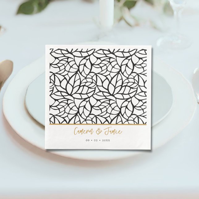 Botaniskt Löv Mönster första Namn Pappersservett (Botanical Leaf Pattern First Names Date Wedding Paper Dinner Napkins)