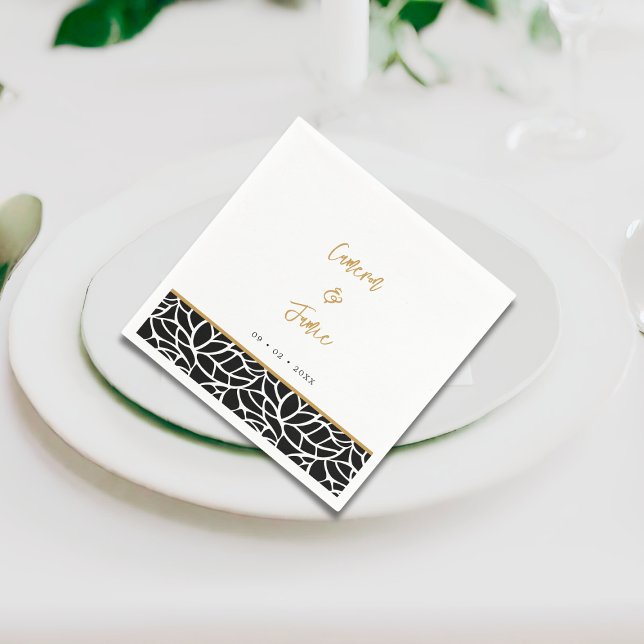Botaniskt Löv Mönster Gräns Namn Bröllop Pappersservett (Botanical Leaf Pattern Border Names Date Wedding Napkins)