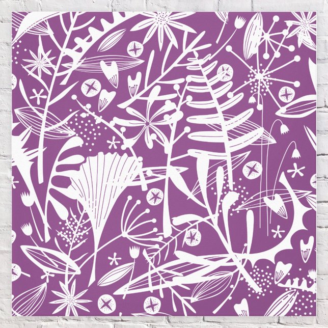 Botaniskt Löv Silhouette Lila and White Canvastryck (Botanical leaves and flowers purple canvas art print)