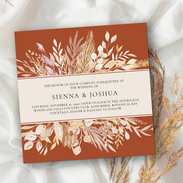Botaniskt Löv Terracotta Cream Square Bröllop Inbjudningar (Square Wedding Invitation Templage in burnt orange with cream foliage available printed or digital)
