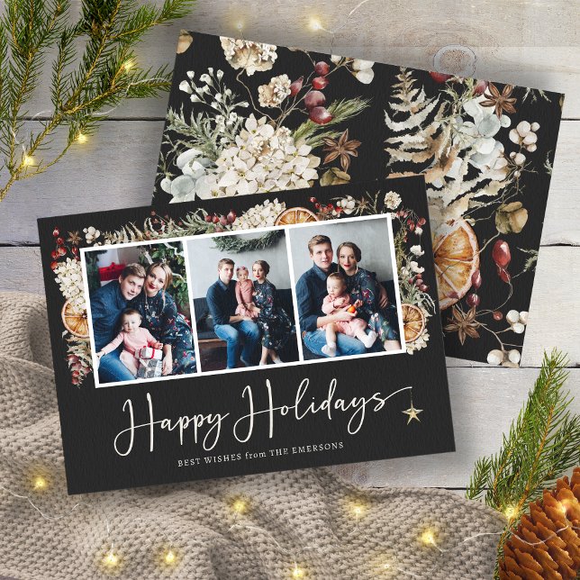 Botaniskt Lycklig Helgdag Foto Kort (Elegant Black Boho Rustic Botanical Christmas 3 Photos Holiday Card by Painted Paperie)
