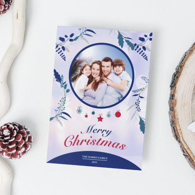 Botaniskt marinblå blomster fotoram | Jul Julkort (Navy Blue Botanical Floral Photo Frame Christmas Holiday Card)