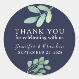 Botaniskt marinblått bröllop tack present runt klistermärke