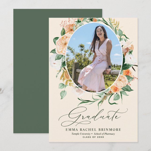 Botaniskt meddelande om Boho Peach Photo Studenten Inbjudningar (Fram/baksida)