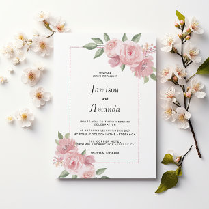 Botaniskt mintgrönt pastellrosa blommande bröllop inbjudningar