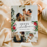 Botaniskt Modern Script 3 Photo God jul Julkort<br><div class="desc">Den här samlingen har vattenfärgade röda blommigtar,  bär och vintergröna med modern och elegant typografi,  med ett botaniskt mönster baksida på vintern.</div>