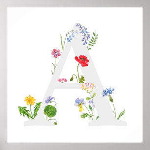 botaniskt monogram alfabet A-vilda blommor Poster