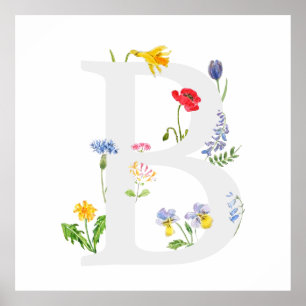 botaniskt monogram alfabet b vilda blommor poster
