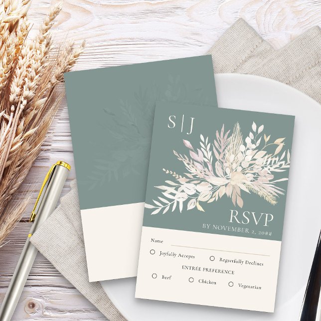 Botaniskt monogram Sage Grönt Bröllop Entree OSA Kort (Sage Green Elegant RSVP card with entree options - Foliage Duet wedding collection)