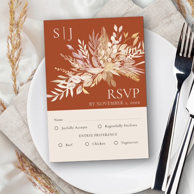 Botaniskt Monogram Terracotta Bröllop Entree OSA Kort (Terracotta wedding RSVP with editable meal options, monogram and neutral cream foliage)