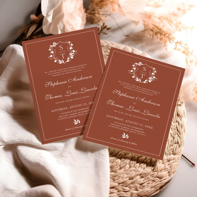 Botaniskt monogram Vapensköld Terracotta Bröllop Inbjudningar (Skapare uppladdad)