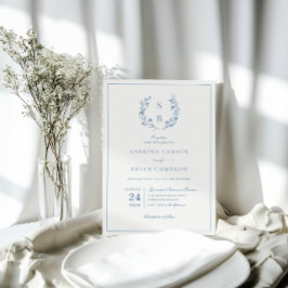 Botaniskt monogramkrans Royal Blue Bröllop Inbjudningar