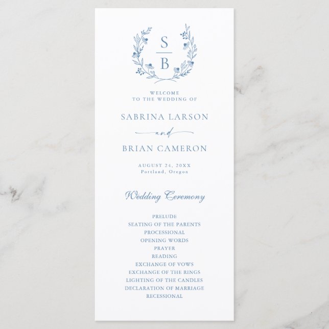 Botaniskt monogramkrans Royal Blue Programkort Meny (Framsida)