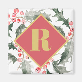 Botaniskt monogrammed jul Holly Magnet