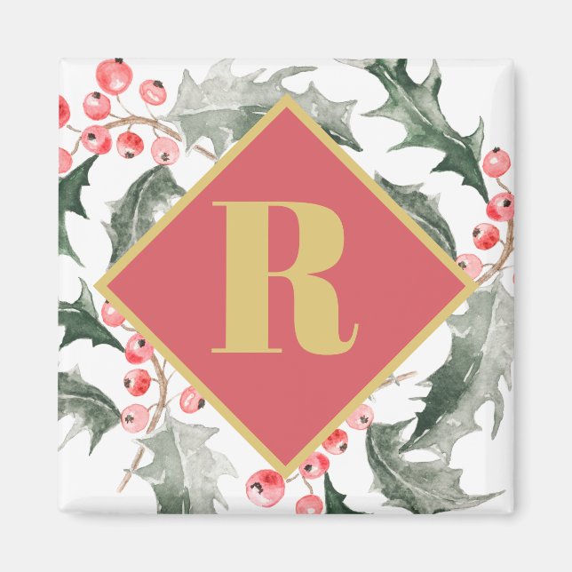 Botaniskt monogrammed jul Holly Magnet (Framsidan)