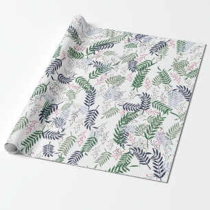 Botaniskt Mönster med Grönt Löv röda accenter Presentpapper