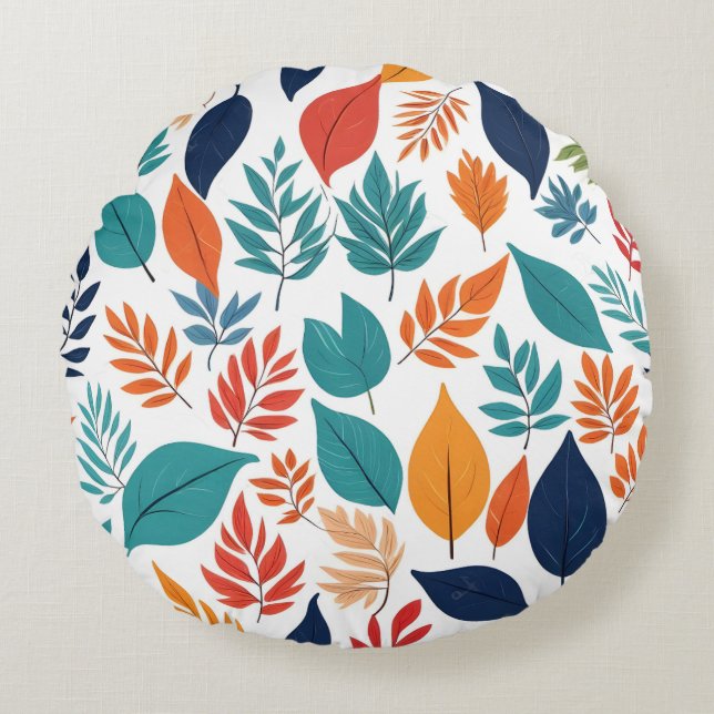 Botaniskt mönster med tropiska löv på vitt rund kudde (Framsidan)