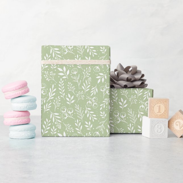 Botaniskt Mönster Sage Grönt - Wrapping Papper Rol Presentpapper (Baby Shower)