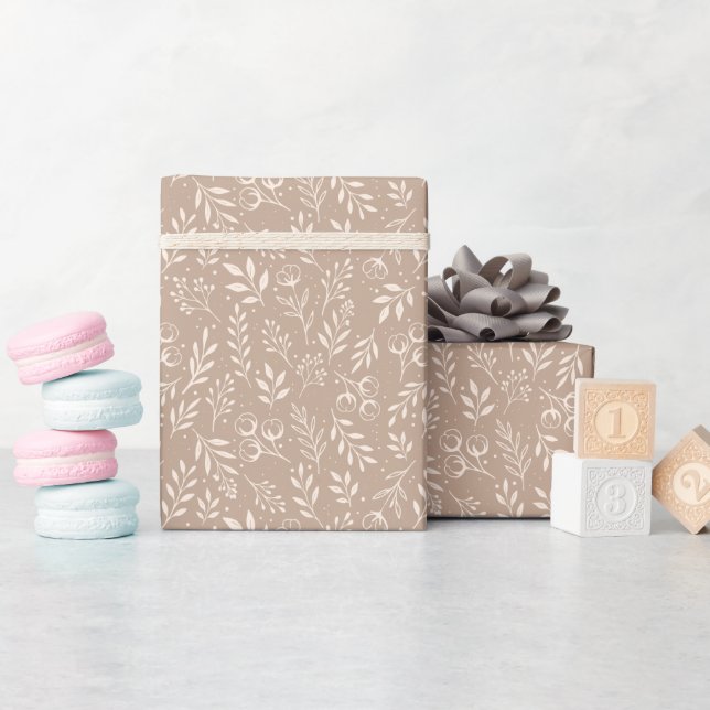 Botaniskt Mönster Warm Beige - Wrapping Papper Rol Presentpapper (Baby Shower)