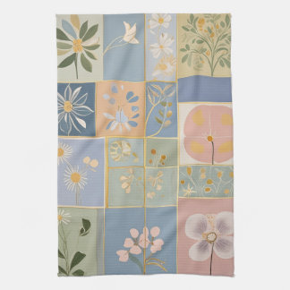 Botaniskt mosaik i blomning kökshandduk