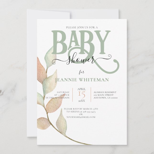 Botaniskt Moss & Peach BABY SHOWER Inbjudningar (Framsida)
