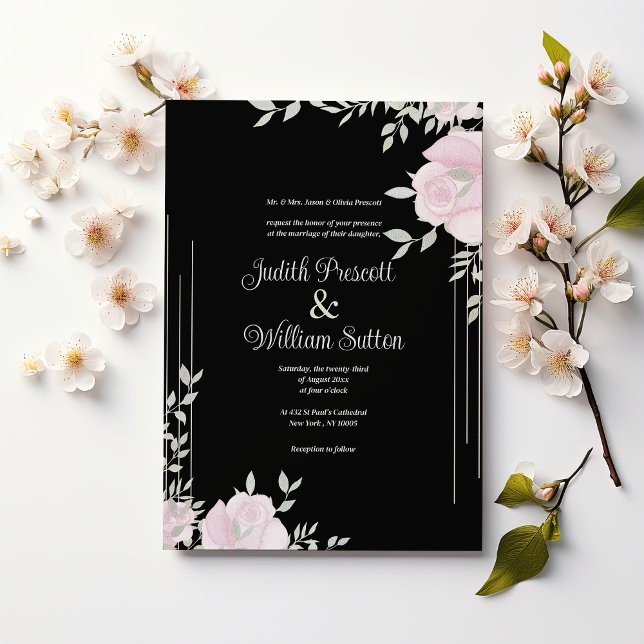 Botaniskt mynta rosa svartromantisk blommigt bröll inbjudningar (Botanic mint pink black romantic floral wedding )